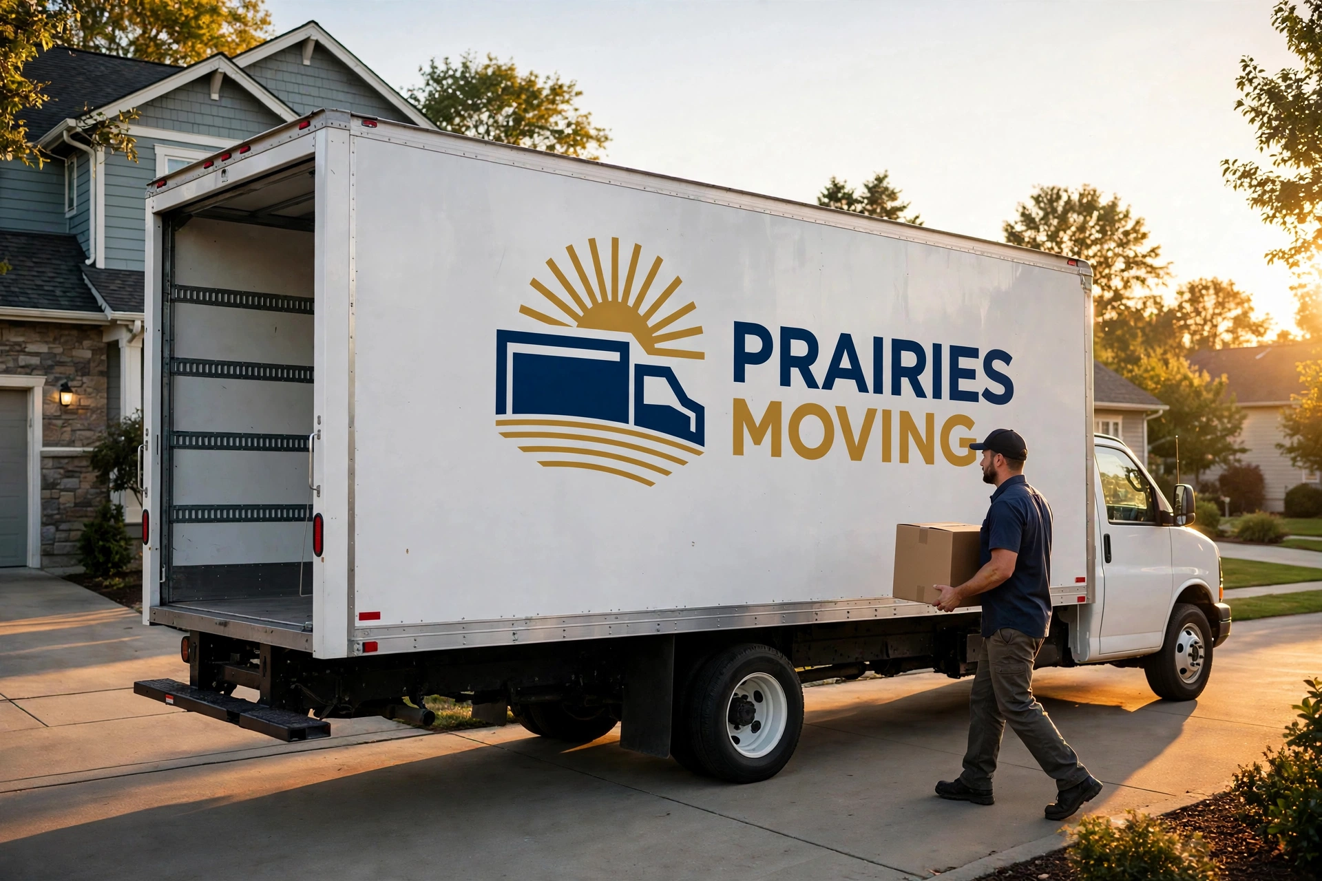 Prairies Moving logo truck parked at a suburban home at golden hour