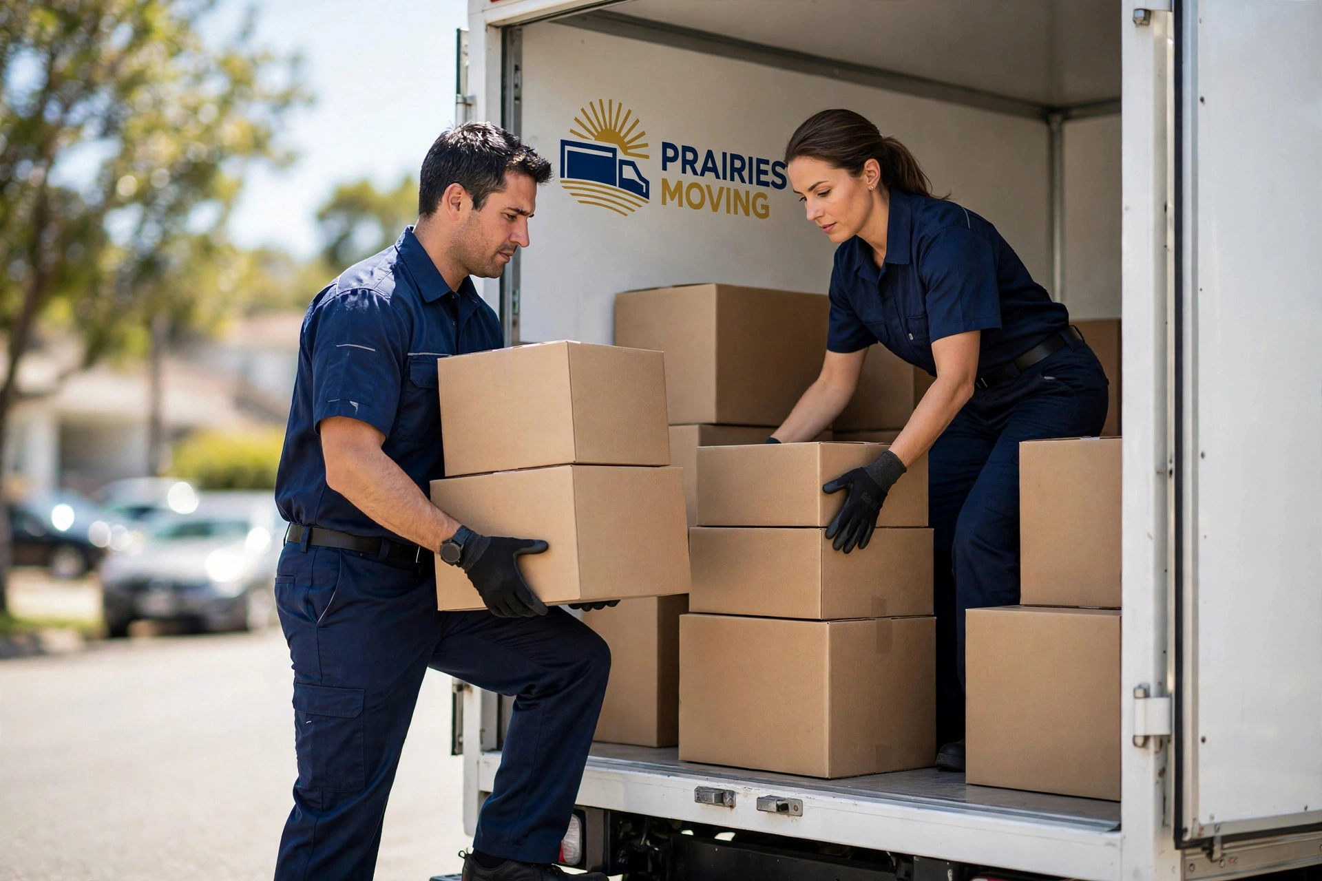 Two movers in navy uniforms loading boxes into a Prairies Moving logo truck